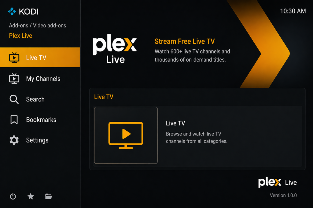 Plex Live Kodi addon main screen showing Live TV My Channels Search Bookmarks and Settings menu