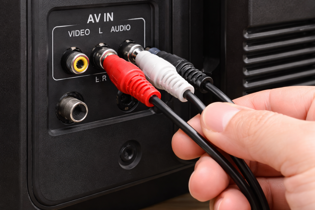 red, white, and yellow AV cable connectors being plugged into matching colored ports on an older TV