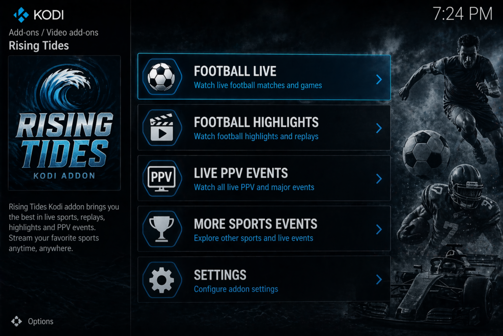 Rising Tides Kodi addon main menu showing Football Live, Football Highlights, Live PPV Events, and More Sports Events