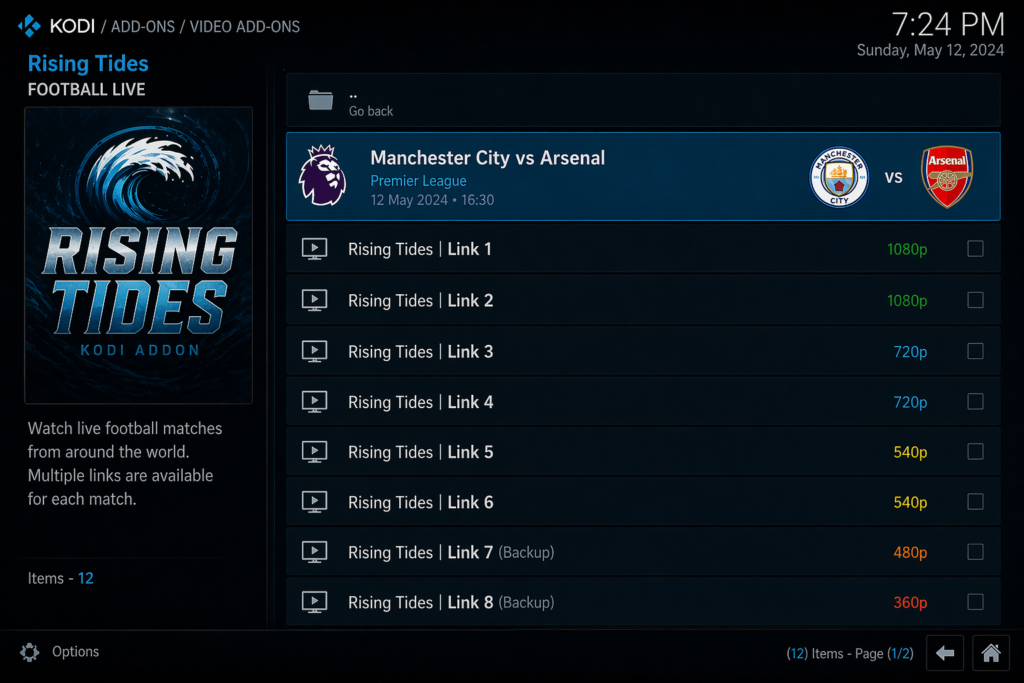 Rising Tides Kodi addon Football Live section showing multiple stream links for Premier League matches