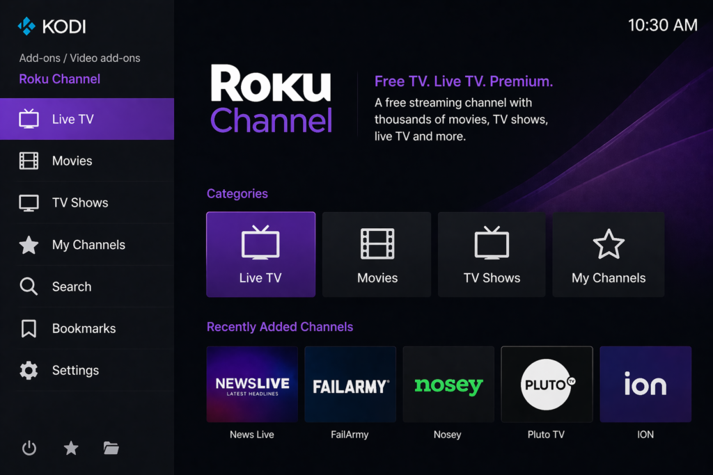 Roku Channel Kodi addon main menu showing Live TV Movies TV Shows My Channels Search Bookmarks and Settings
