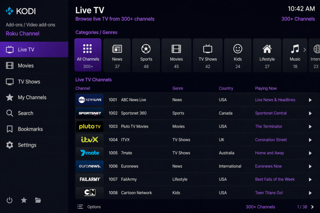 Roku Channel Kodi addon Live TV section showing 300 plus channels organized by categories