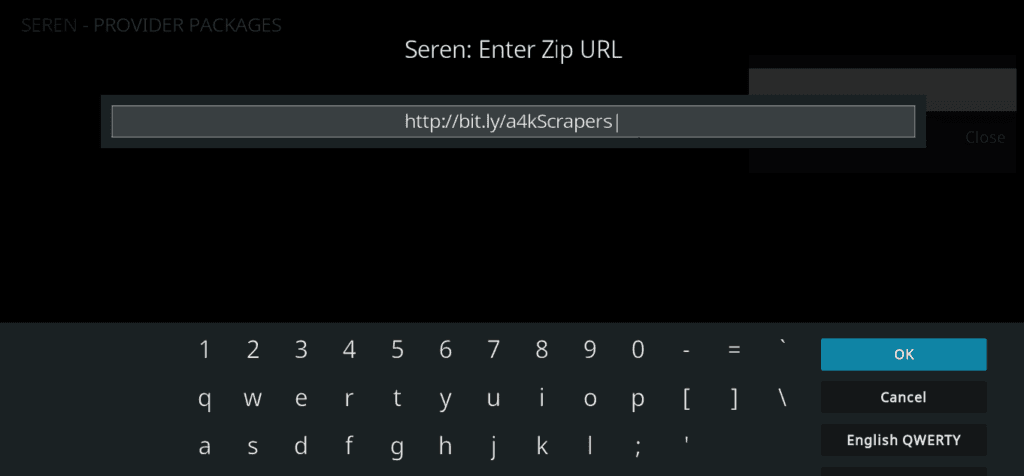  Seren Install Package dialog with a4kScrapers URL entered in the web location field
