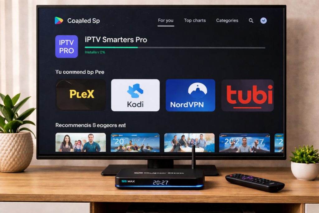 Google Play Store open on TV with app installing progress