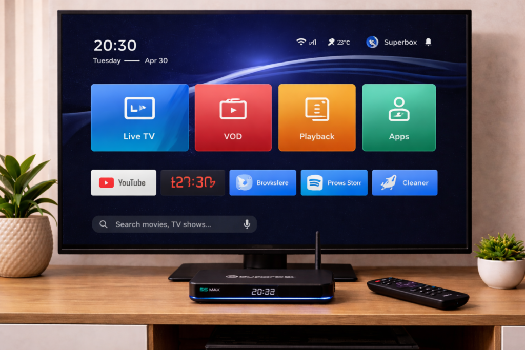 Superbox S5 Max home screen displayed on TV with apps and live TV options