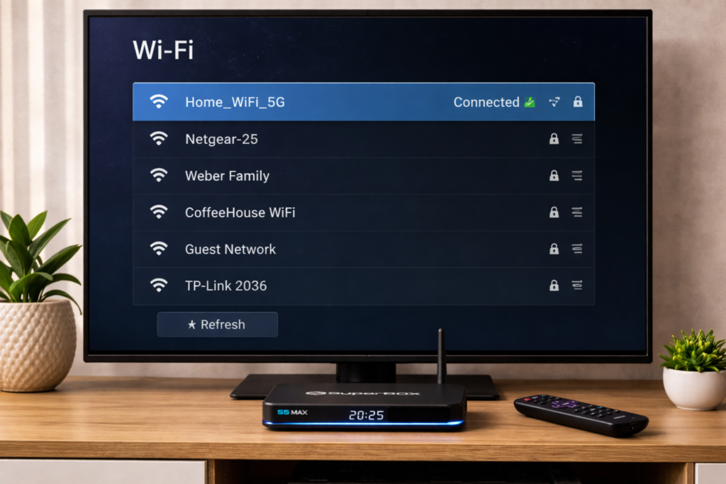 WiFi network list on TV screen showing available wireless connections