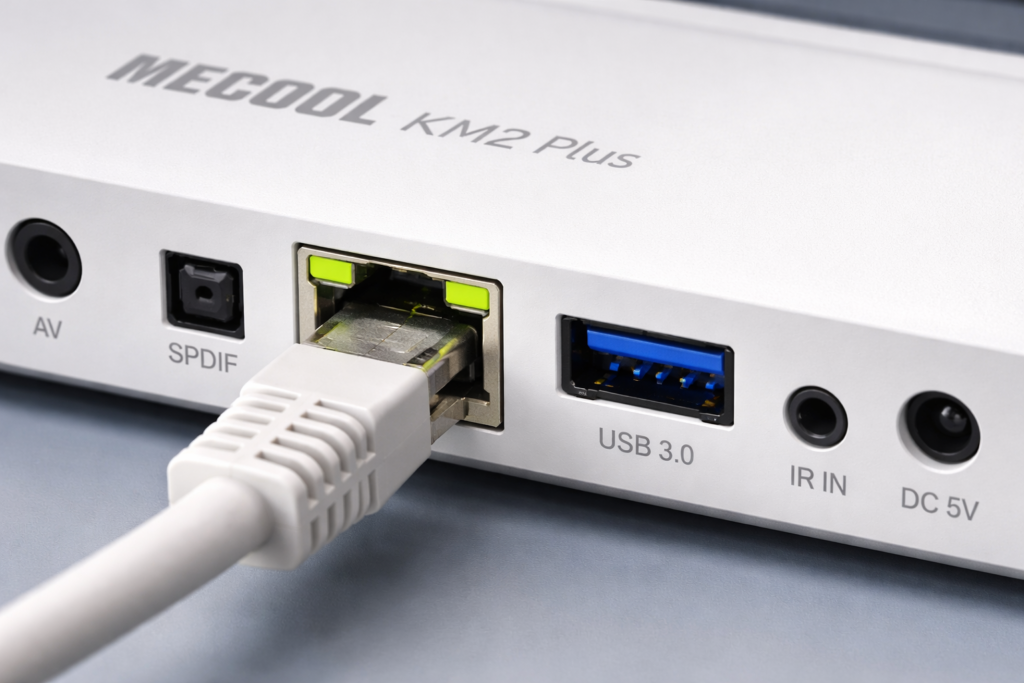 Ethernet port on the back of MECOOL KM2 Plus with cable connected