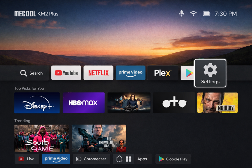 MECOOL KM2 Plus home screen with Settings icon highlighted on Android TV interface