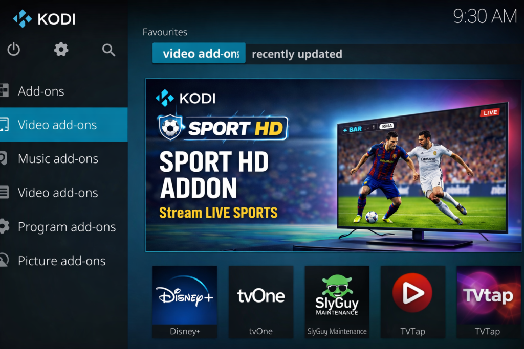 sport hd addon kodi home screen inside kodi interface