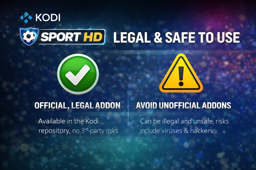 sport hd addon kodi legal and safety explainer graphic with green checkmark and warning sign