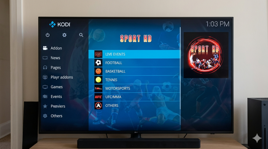 sport hd addon kodi main menu with sports categories visible on screen