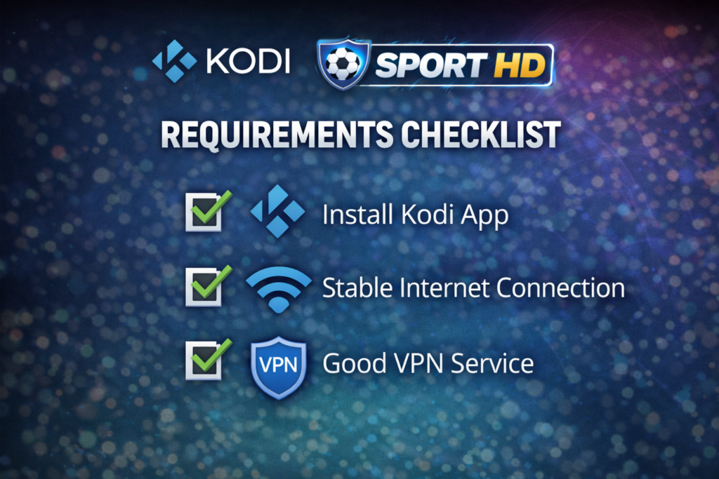 sport hd addon kodi requirements checklist graphic with kodi logo wifi and vpn icons
