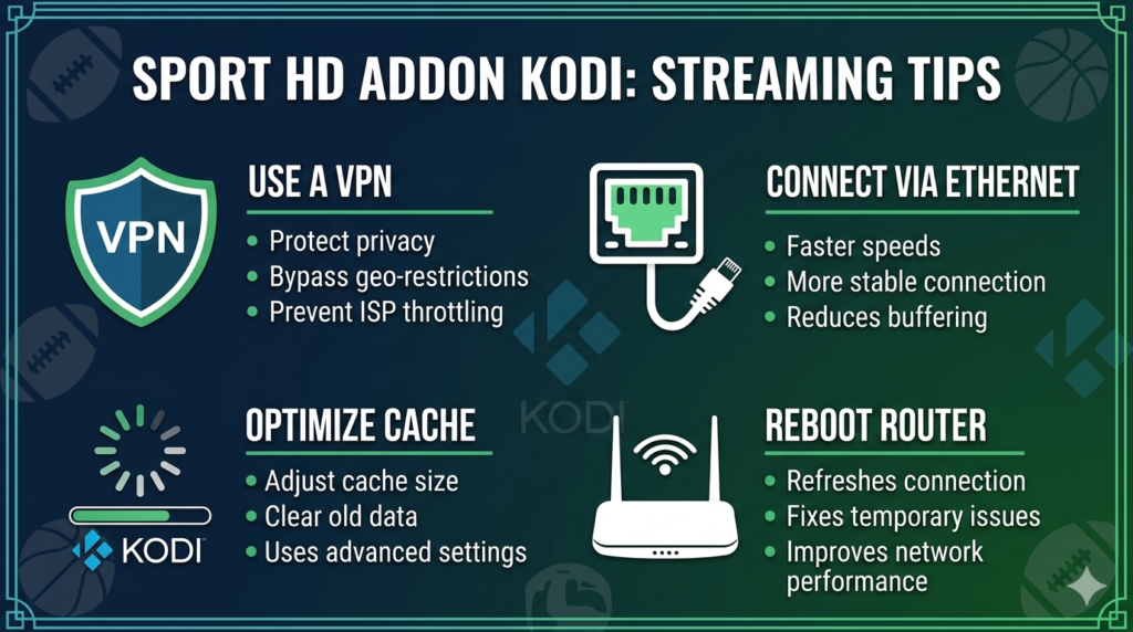 sport hd addon kodi streaming tips infographic with vpn ethernet cache and router icons