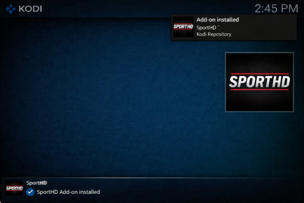 sport hd addon kodi successfully installed notification on kodi screen