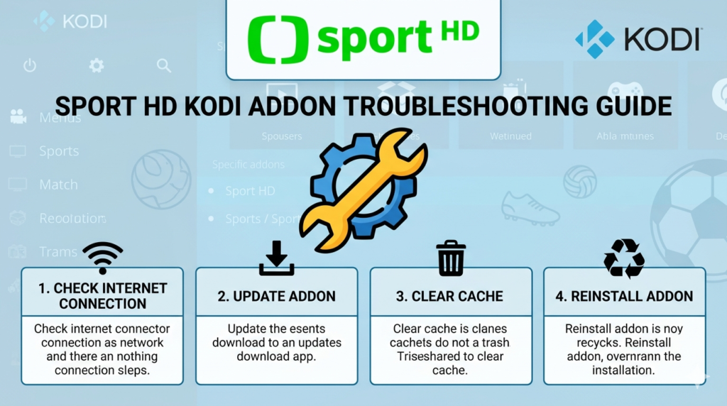 sport hd addon kodi troubleshooting guide graphic with wrench icon