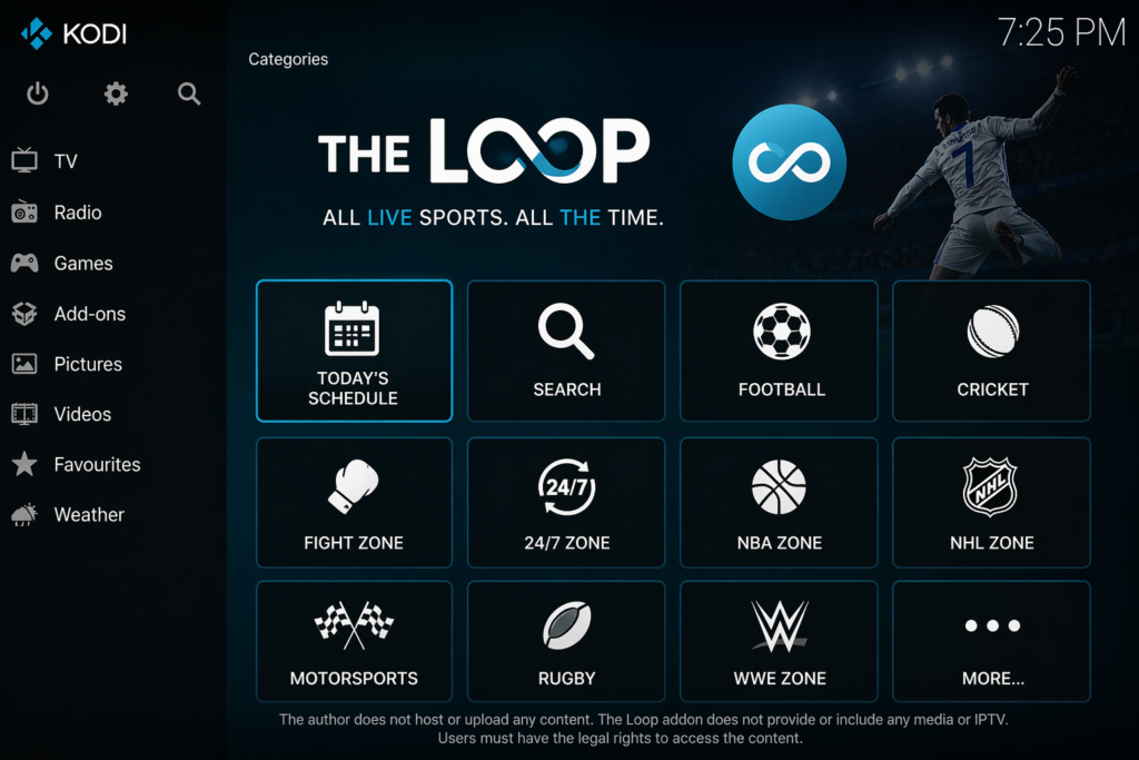 The Loop Kodi addon main menu showing Today’s Schedule, Search, Football, Cricket, Fight Zone, and 24/7 Zone