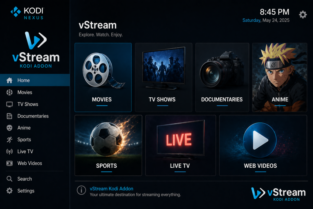 vStream Kodi addon main menu showing Movies, TV Shows, Documentaries, Anime, Sports, Live TV, and Web Videos in a dark Kodi Nexus interface