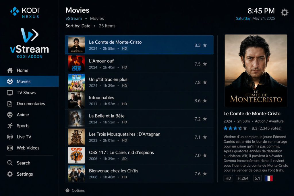 vStream Kodi addon Movies section showing a list of French films in a dark Kodi Nexus interface