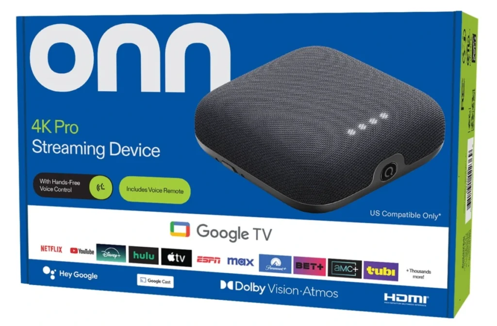 ONN 4K Pro streaming device connected to TV for 4K Ultra HD streaming and smart entertainment