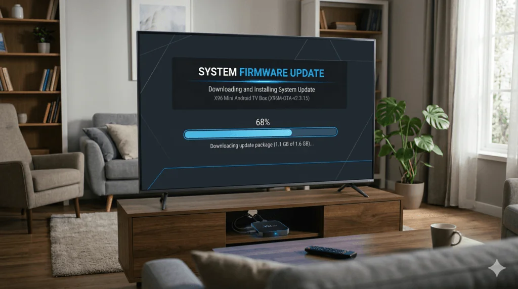 X96 Mini firmware update screen displayed on TV showing installation progress bar and system update process