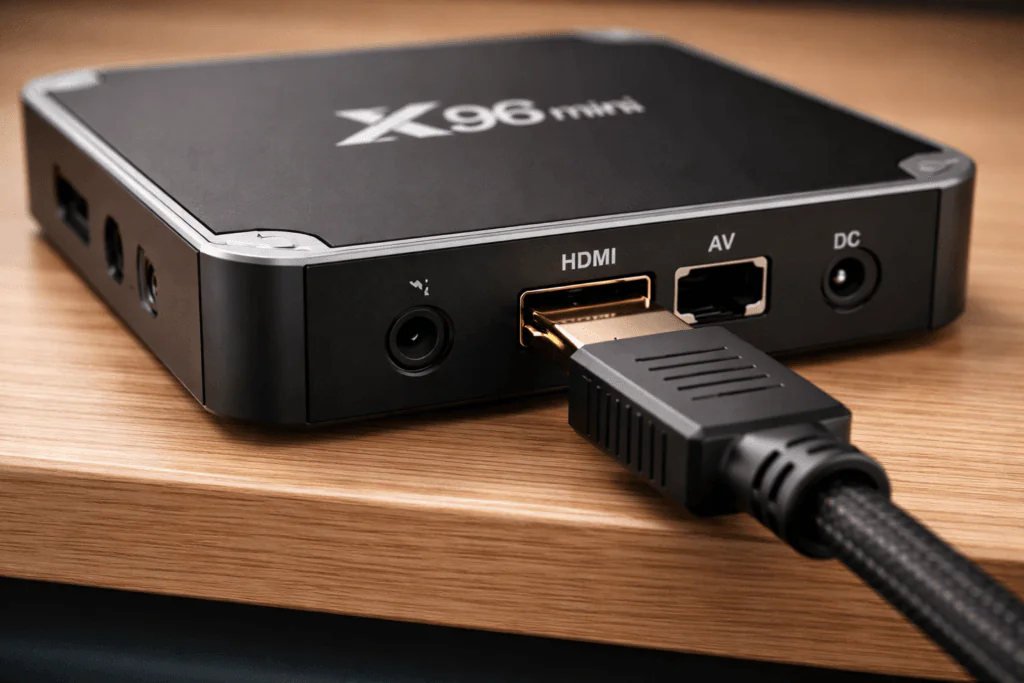 "HDMI cable connected to X96 Mini Android TV box showing rear ports including AV and power on wooden surface"