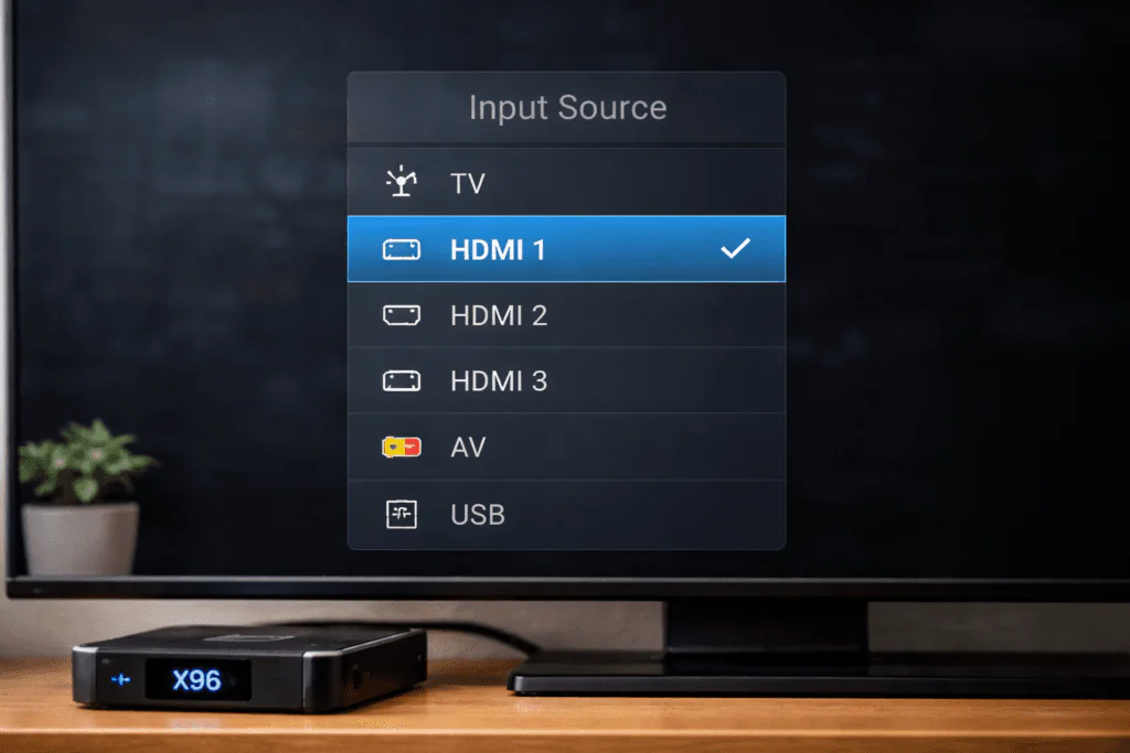 TV input source menu showing HDMI selection for X96 Mini connection on screen