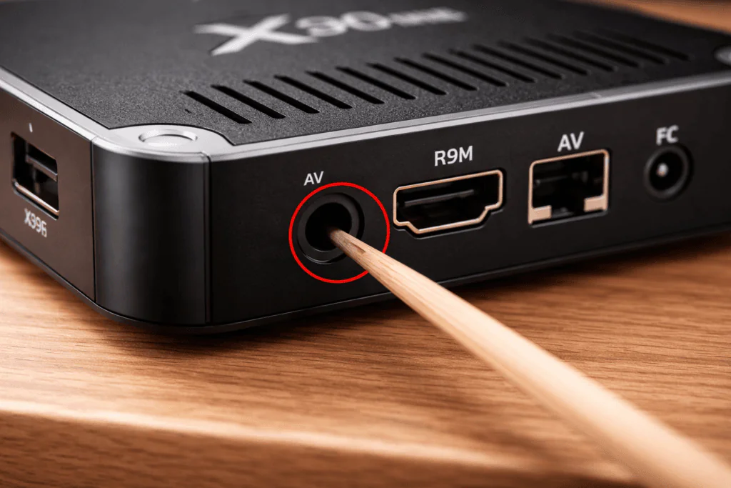 X96 Mini reset button location inside AV port with pin inserted for factory reset"