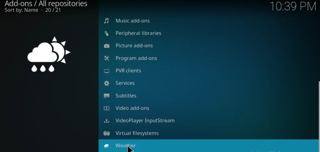 kodi weather addons install from repository step