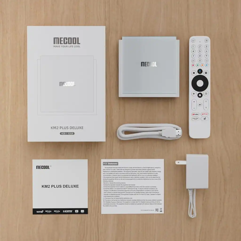 Mecool KM2 Plus Deluxe — What's in the box & ports overview