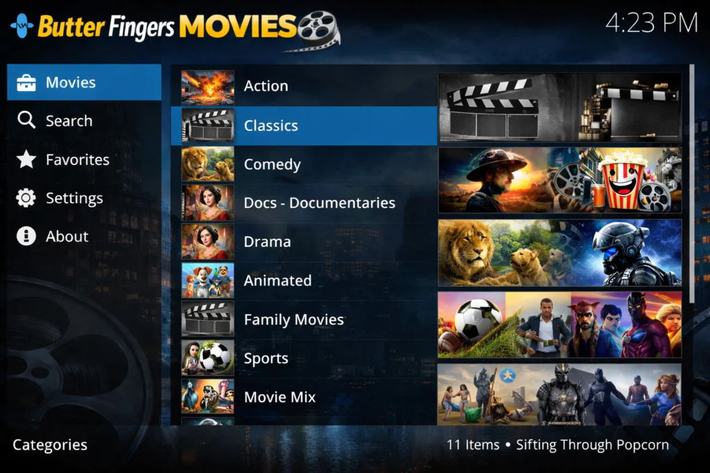 Butter Fingers Kodi addon showing full category menu including Classics, Documentaries, Animated, Sports, and Movie Mix 