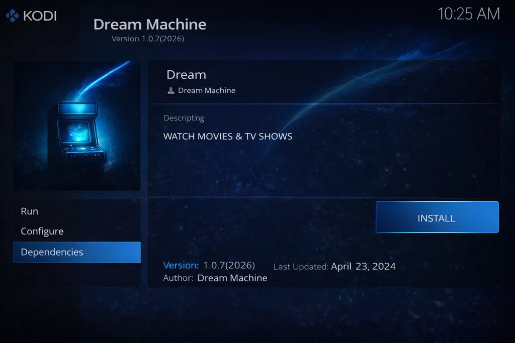 Dream Machine addon entry page inside the repository browser, with the Install button visible