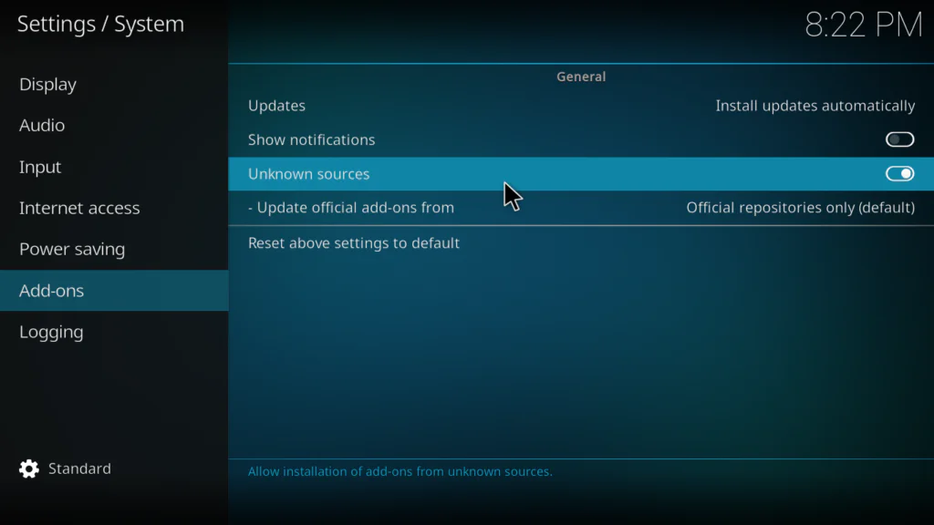 Kodi System settings showing Unknown Sources toggle switched to ON position