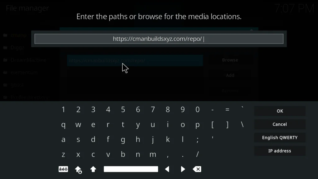 Enter the paths or browse for the media locations dialog box with the repository URL typed into the text input field