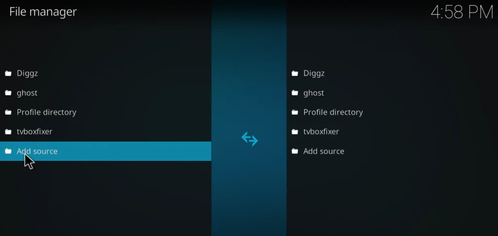 File Manager screen with the Add Source option highlighted at the top of the left panel
