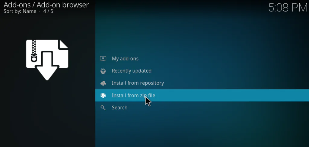 Add-on browser dropdown menu showing the "Install from zip file" option highlighted