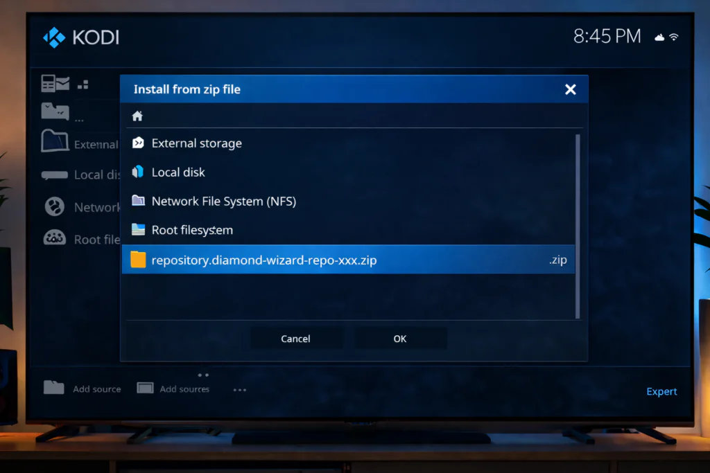 Kodi install from zip file screen for magic dragon kodi addon