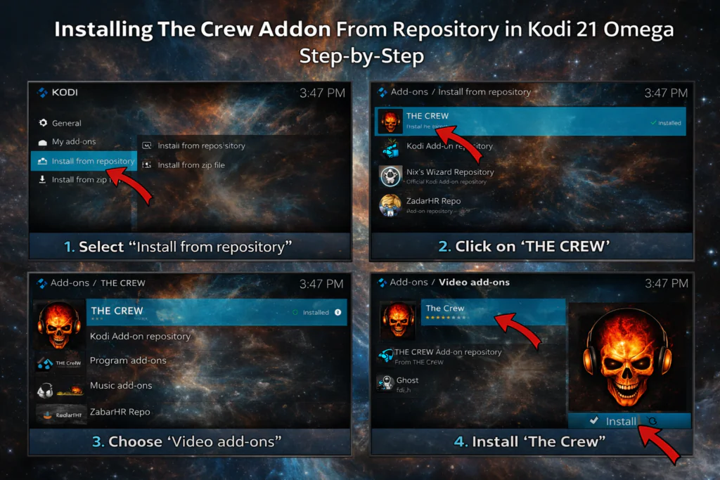  Installing The Crew addon from repository in Kodi 21 Omega step by stepCaption: Adding the repository source — this is where it all starts