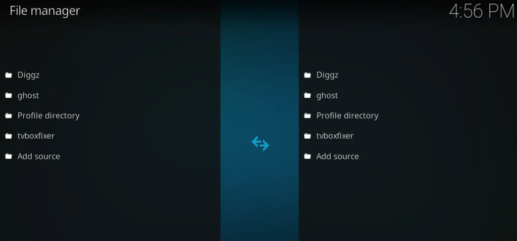 Kodi File Manager screen showing the dual-panel file browser layout