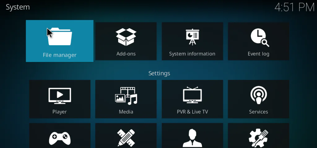 Kodi Settings page with File Manager option selected