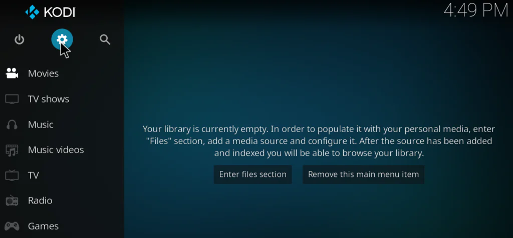 Kodi home screen with the Settings gear icon highlighted in the top left corner
