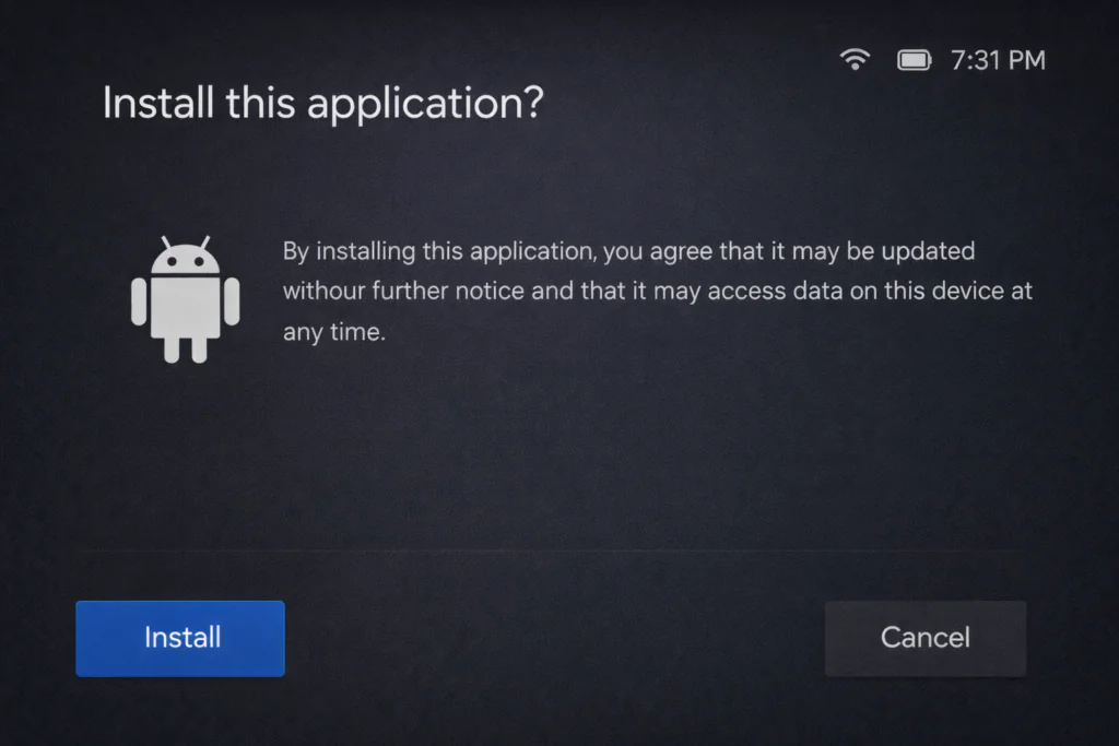 MECOOL KM2 install confirmation screen with Install and Cancel options
