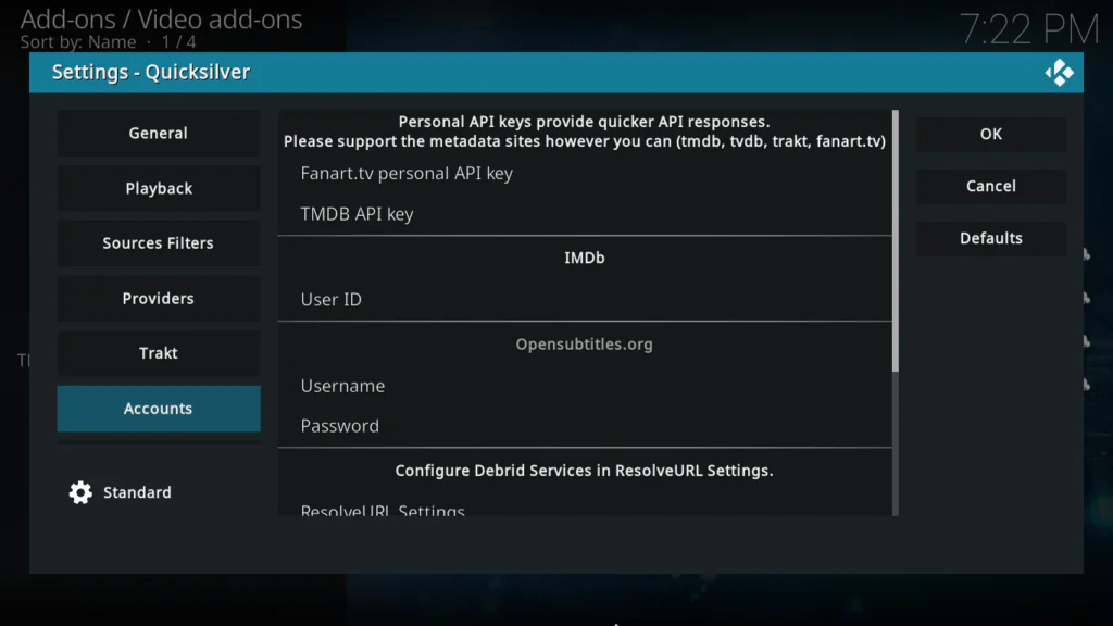 Quicksilver Settings Accounts tab showing Real-Debrid login fields with username and password inputs
