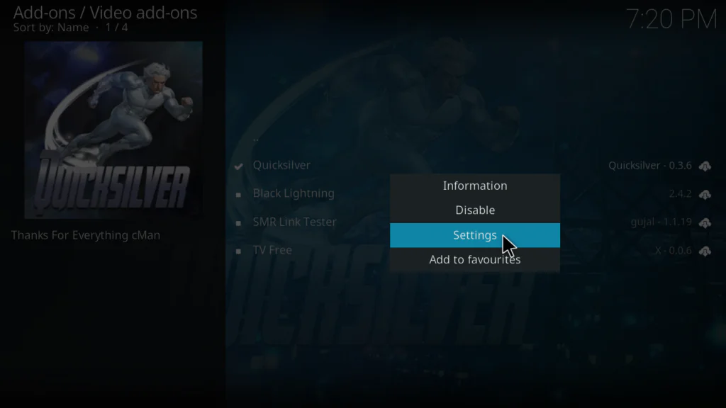 Quicksilver addon right-click or long-press context menu with the Settings option highlighted