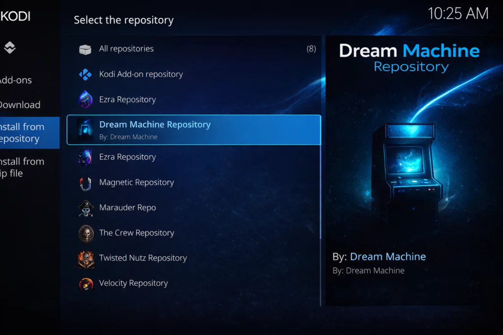 Repository selection screen with Dream Machine Repository visible in the list