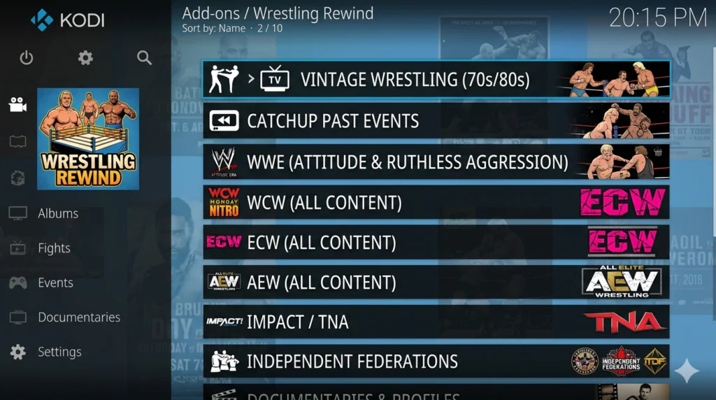 Wrestling Rewind Kodi Addon Sections