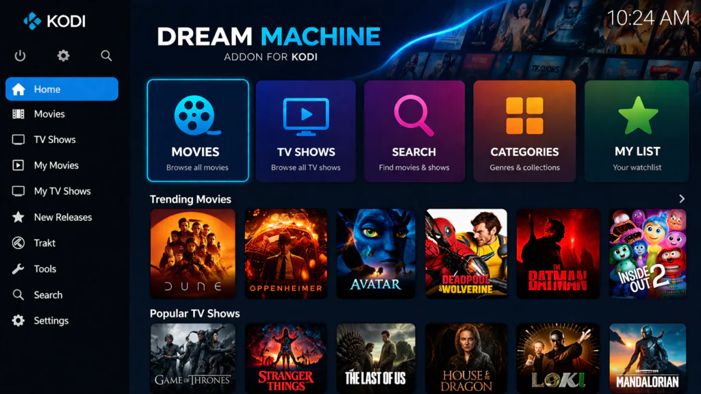 Screenshot of the Dream Machine addon home screen inside Kodi, showing main menu categories like Movies, TV Shows, and Search
