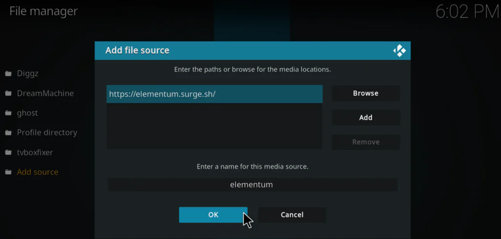  Source name field filled in as Elementum with the OK button visible