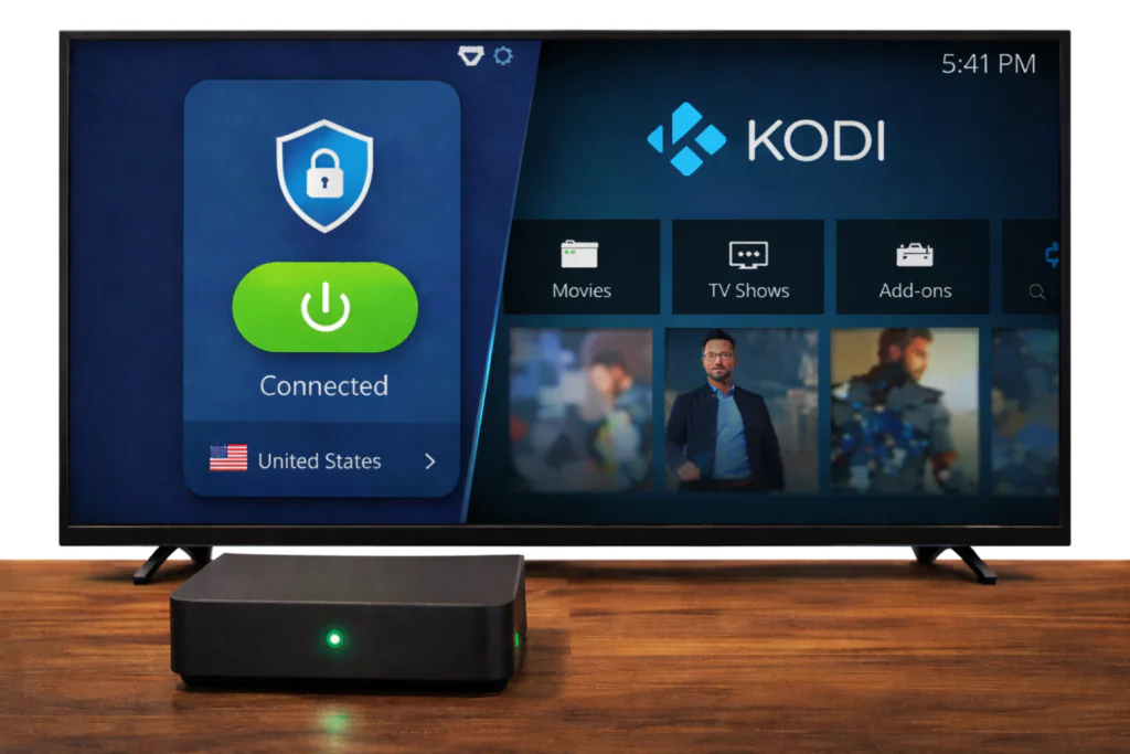 VPN app running on an Android TV box alongside Kodi for privacy and security while streaming