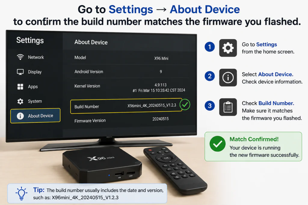 Illustration of the X96 Mini settings screen showing the About Device section with the firmware build number displayed for verification after flashing firmware.