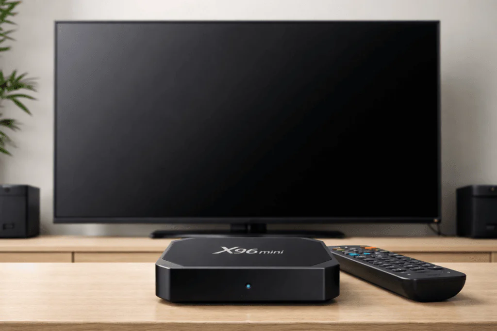  X96 Mini Android TV box not turning on — front view with blank screen